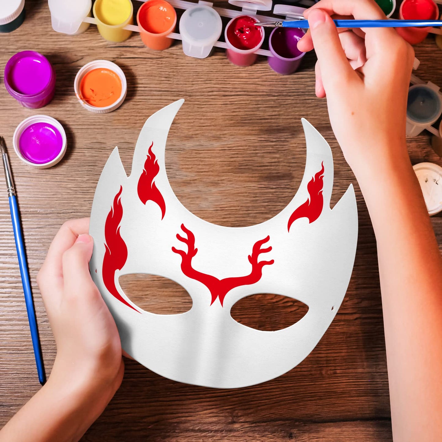 Elcoho 24 Pieces White Paper Masks Half Face Masquerade Masks DIY Hand Painted Mask with Tether Paints Brushes Mardi Gras Mask for Halloween, Cosplay Party