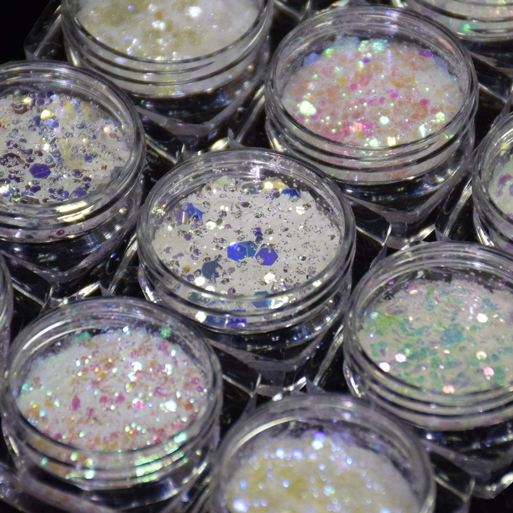 Minejin Nail Glitter Holographic Chunky Flakies Ultra-Thin Iridescent Charming Sequins Powder Tips 12 Jar
