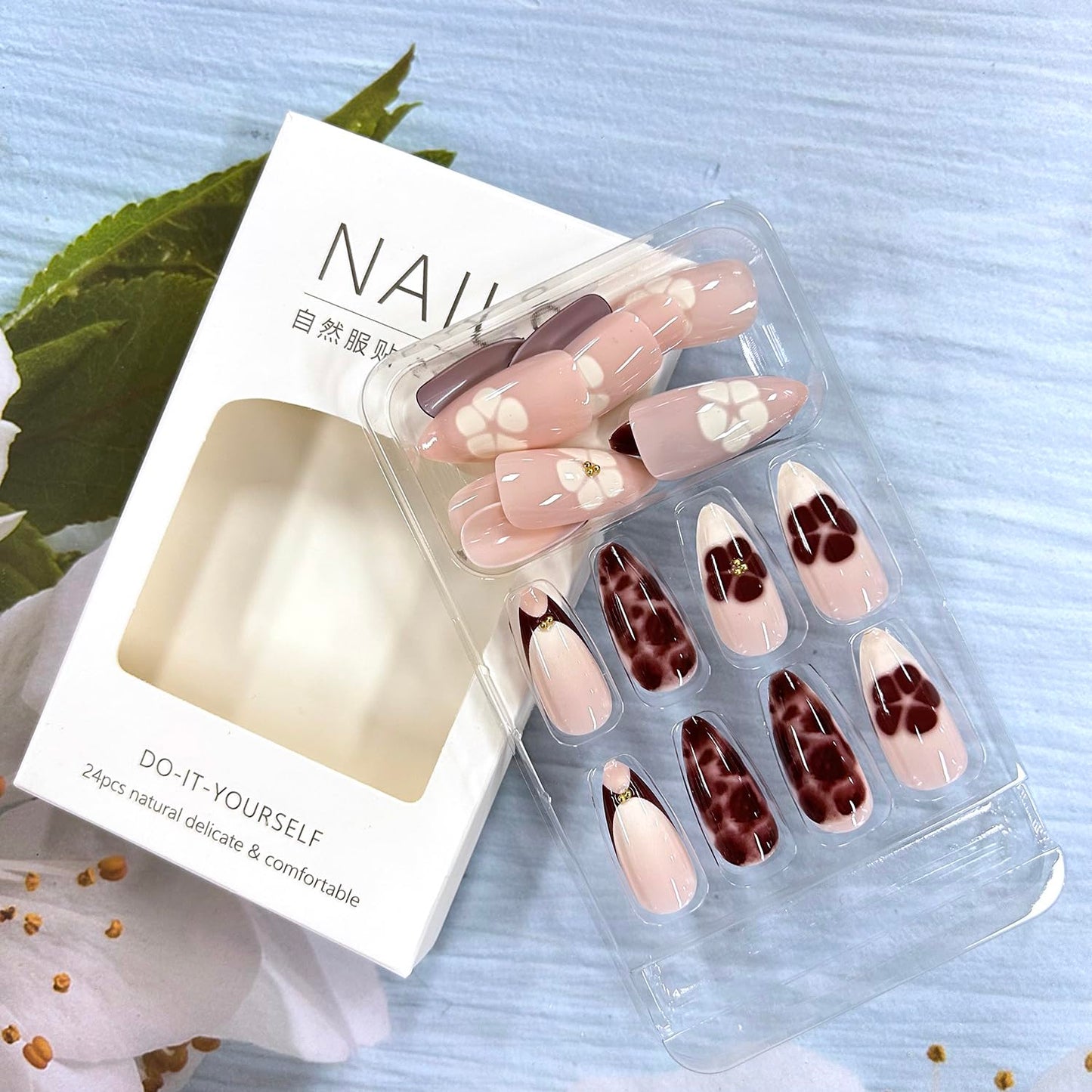 Leopard Press on Medium Length Flower French False Nails - Dark Brown Coffin Full Cover Artificial Acrylic Almond Stick on DIY Glossy Glue on for Women - Manicure Kit 24Pcs