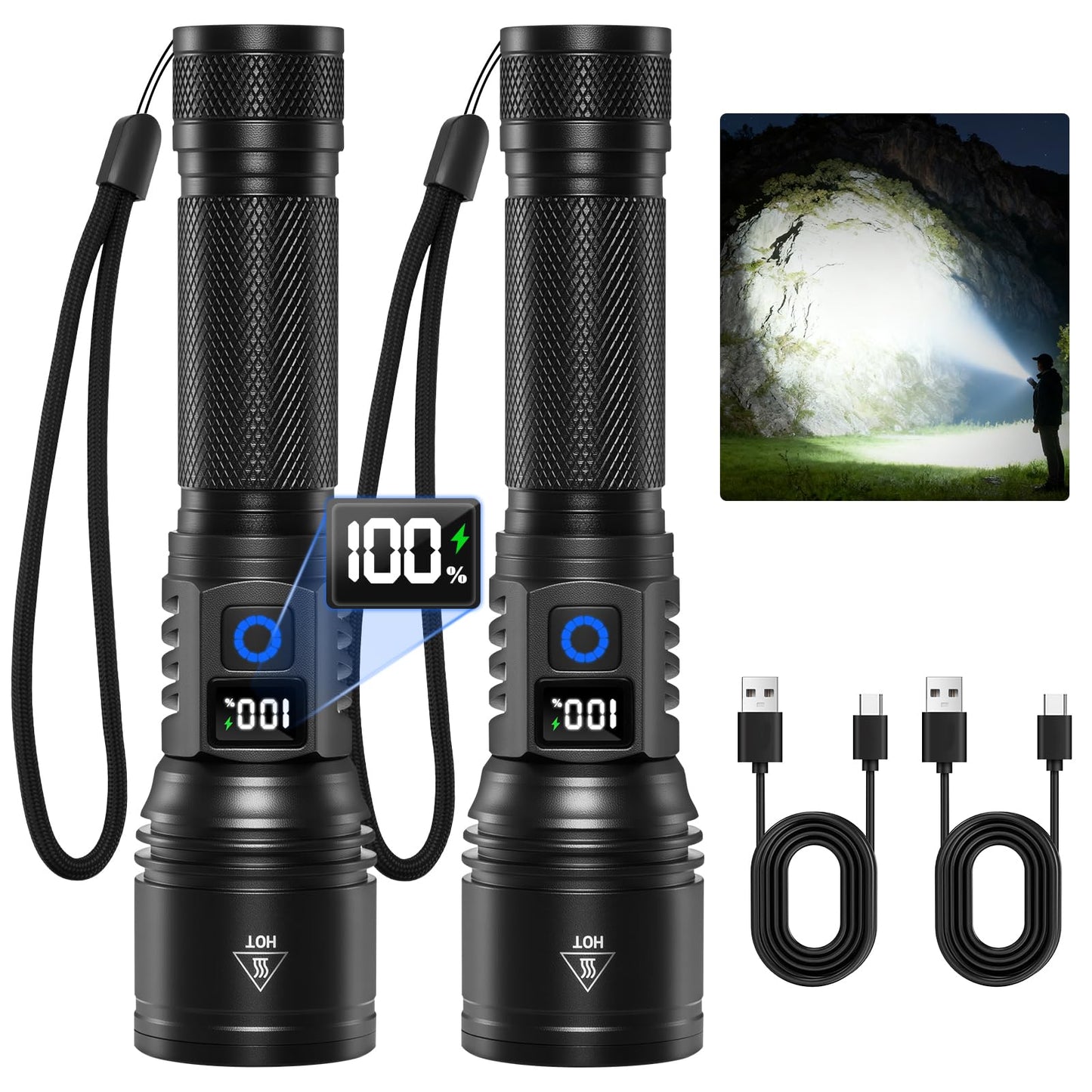 Rechargeable Flashlights High Lumens 2Pack, 5Modes Super Bright Flashlight Rechargeable, LED Flashlight Powerful, Handheld Tactical Flash Lights for Home Emergencies Camping Essentials, Gifts for Men