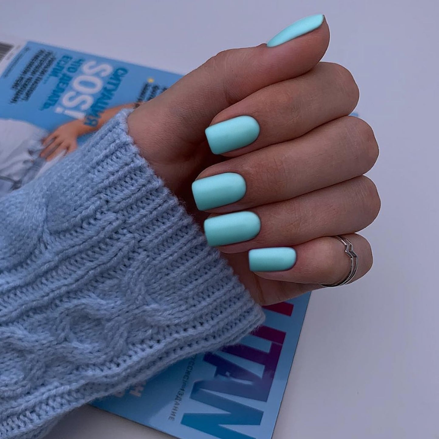 Matte Blue Press on Nails Short Square Fake Nails Short Square Nails Press ons, Soft Gel Acrylic Glue on Nails Stick on for Women Thick Solid Color 24pcs