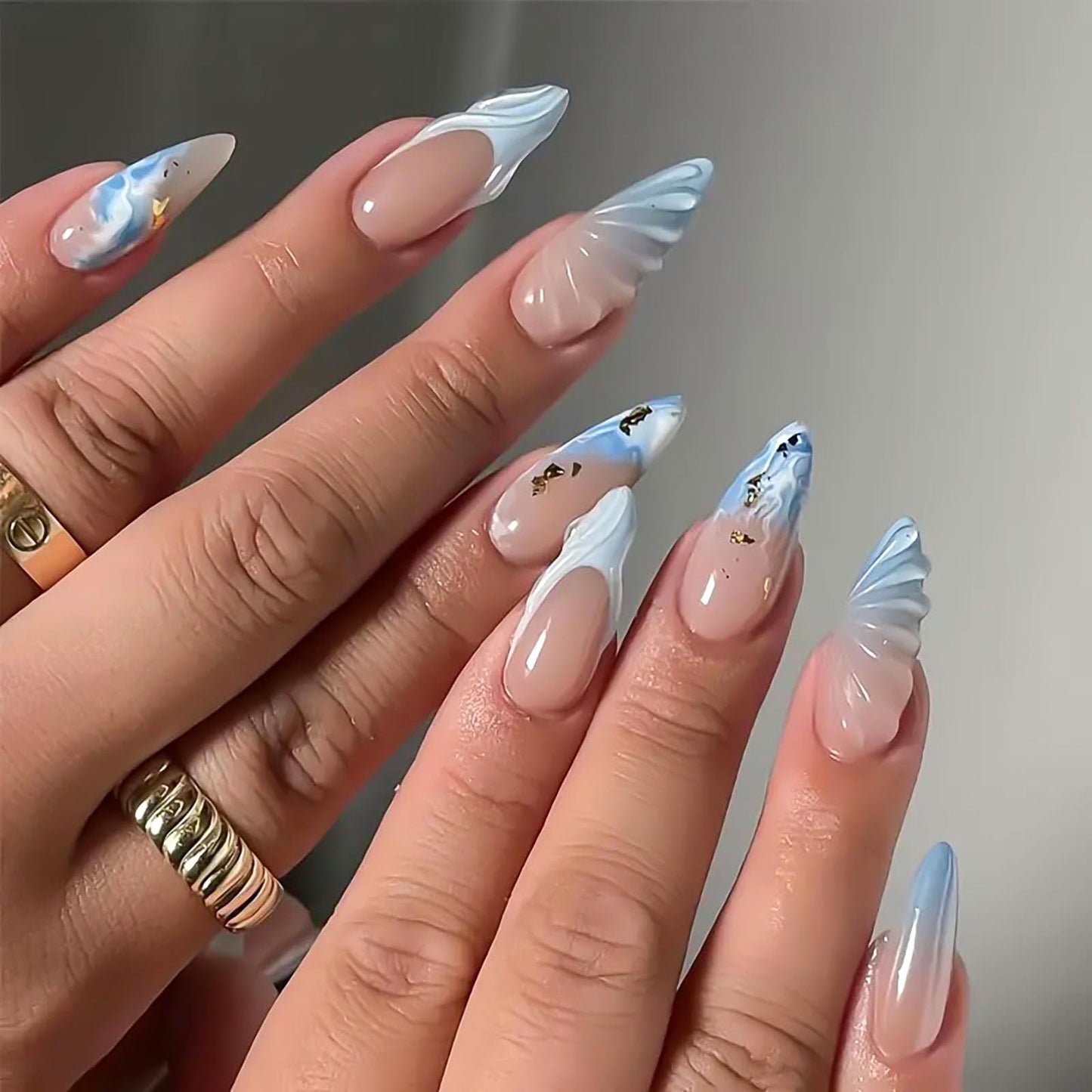 RUOKEXIN Almond Press on Nails French Tip Fake Nails Medium Length False Nails with Blue 3D Designs Spring Summer Nail Press ons Glossy Artificial Nails for Women 24Pcs