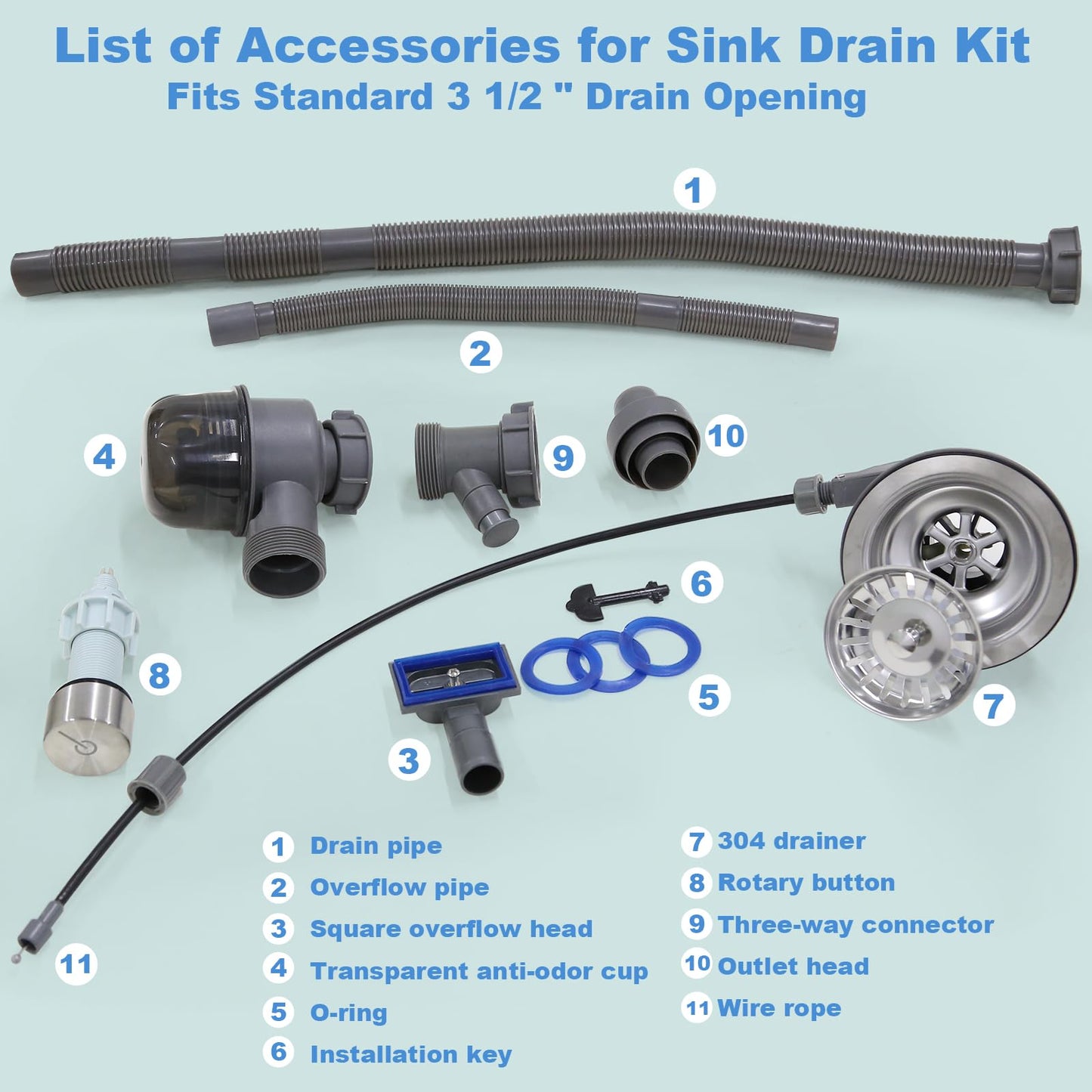 QruiLanTu 4 1/2'' Kitchen Sink Drain Assembly with Push Button Control,Stainless Steel Basket Strainer Kit with Overflow, Flexible Drain Hose for kitchens and bathrooms