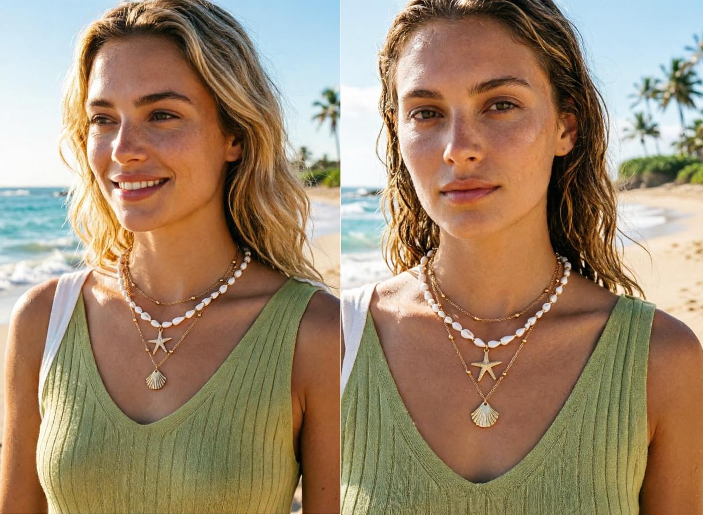 Seashell Starfish Necklace for Women Summer Pearl Beach Conch Shell 14k Gold Layered Dainty Choker