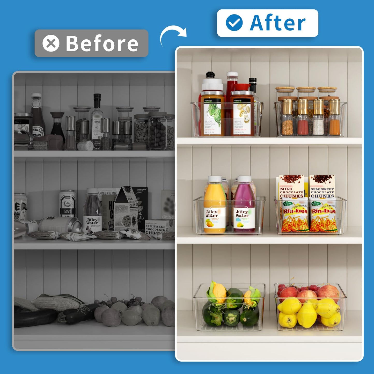 Mpotmiy 6 Pack Pantry Organizers and Storage,Clear Plastic Containers with 2 Dividers for Kitchen,Fridge Organization and Storage,Acrylic Bins for Pounches,Spice Packet,Snack organzier