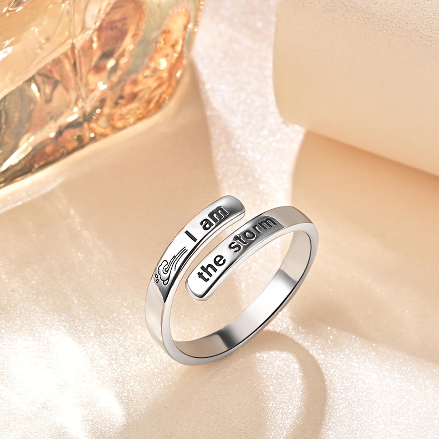925 Sterling Silver Inspirational Jewelry Adjustable Wrap Open Ring Encouragement Gift for Women(I am the storm 3)