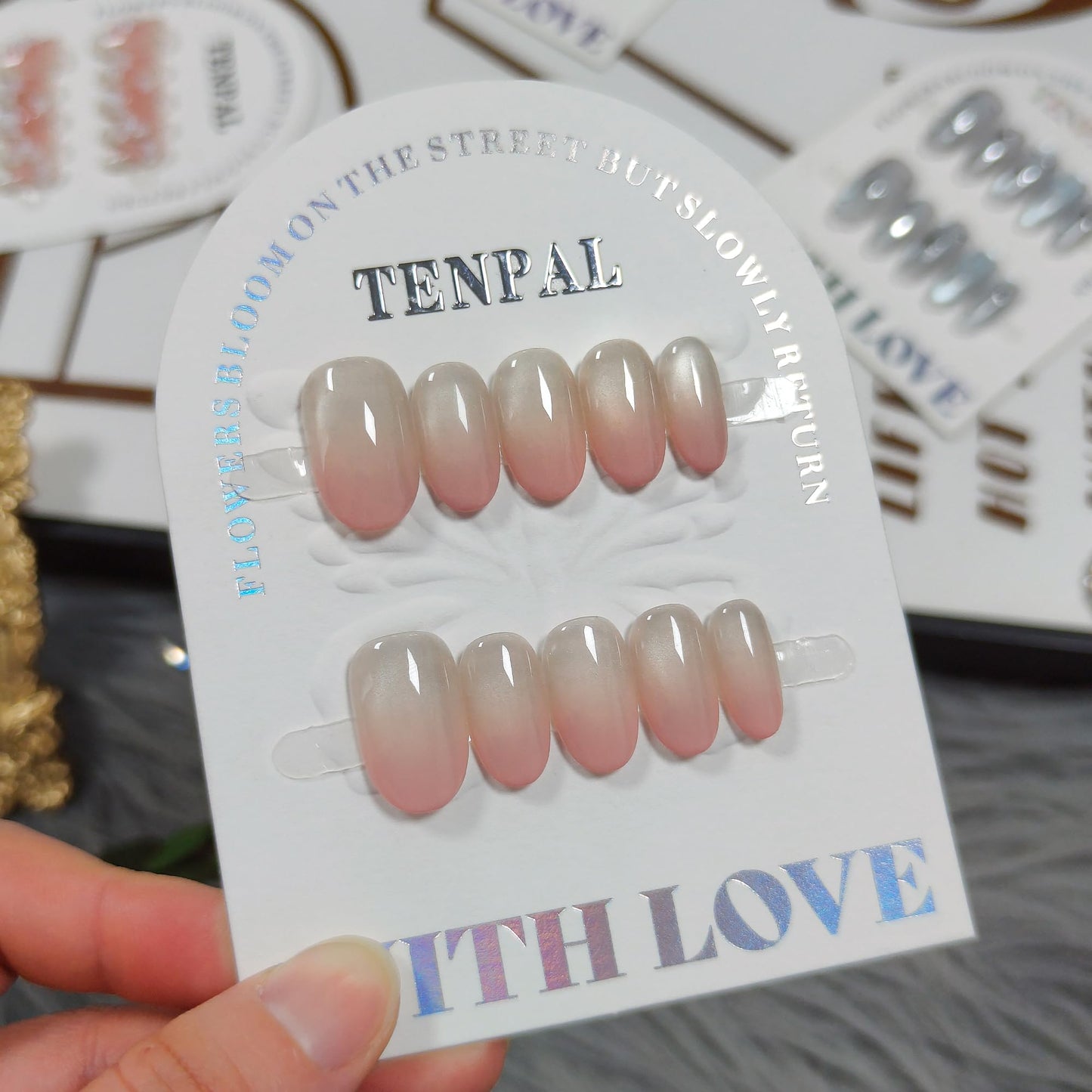 TENPAL Iridescent Cat Eye Press on Nails Medium Oval - Pink Ombre Waterglass Glitter & Handmade, Reusable Sheer False Nails for Everyday(XS)