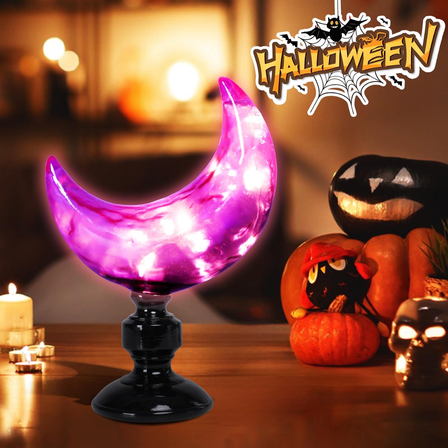 MUMTOP Halloween Indoor Decorations, Purple Moon with LED Light Halloween Magic Moon Figurine Resin Statue for Home Kitchen Room Party Table Decor