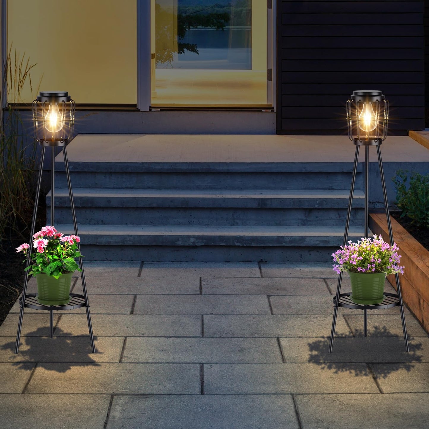 MXwcy 2 Pack Solar Lights Outdoor with Plant Stands, Solar Floor Lamp with LED Edison Bulbs for Garden Yard Pathway Driveway Front/Back Porch Decoration