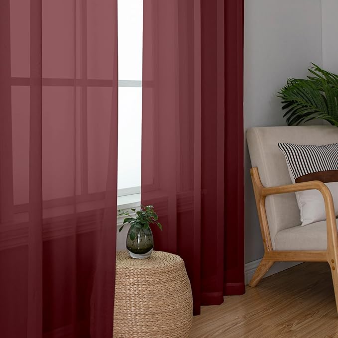 Chyhomenyc Burgundy Sheer Curtains 84 Inches Long 2 Panels, Light Filtering Voile Christmas Curtain Drapes Window Treatment for Bedroom Living Room, Each 42Wx84L Inch