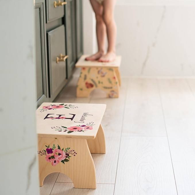 Floral Step Stool for Toddlers- Personalized Wood Kids Step Stool with Name for Kitchen Sink, Bathroom, Potty Training, Kitchen Sink- Sturdy and Safe- Made in USA by BloomOwl (Floral- Botanical)