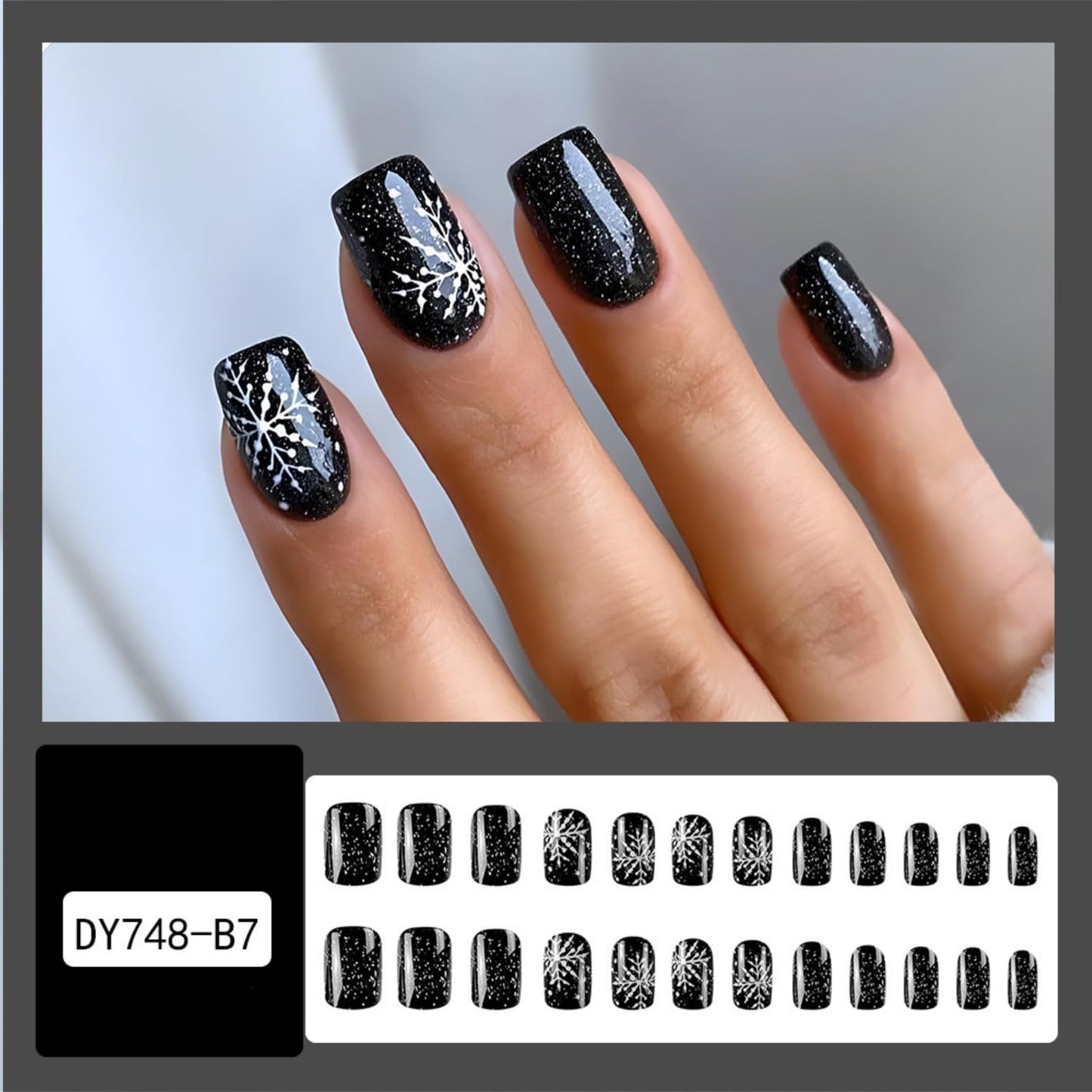 Christmas Press on Nails Short Snowflake Fake Nails Black Design Glossy Xmas Nails Press ons Acrylic Nails Winter Holiday False Nails Full Cover Stick on Nails for DIY Nail Art for Women 24Pcs