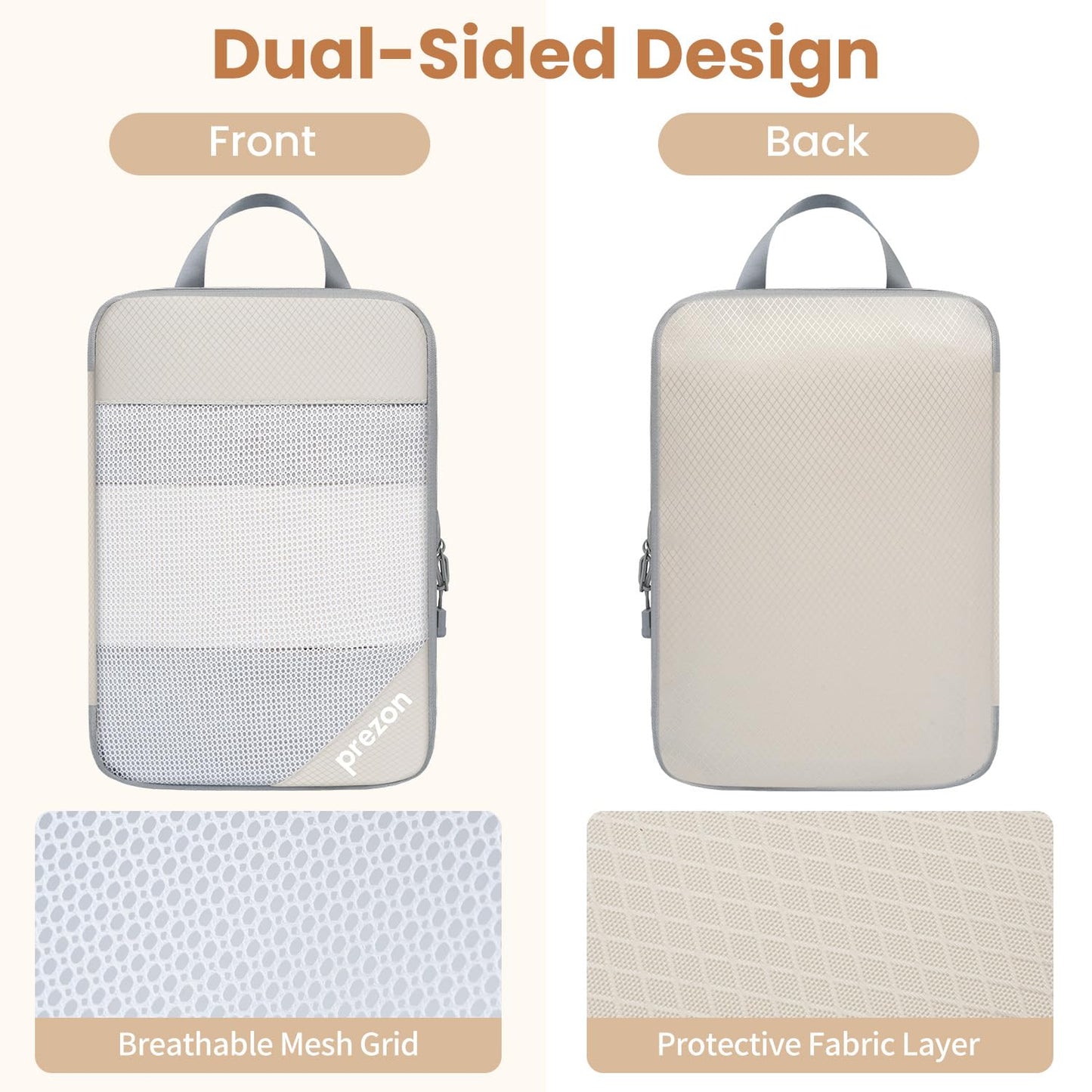 Prezon Compression Packing Cubes for Travel, Lightweight Vacation Travel Essentials, Travel Accessories for Suitcase Organizer Bags Set, Durable Luggage Organizer, 6 set, half mesh, Beige