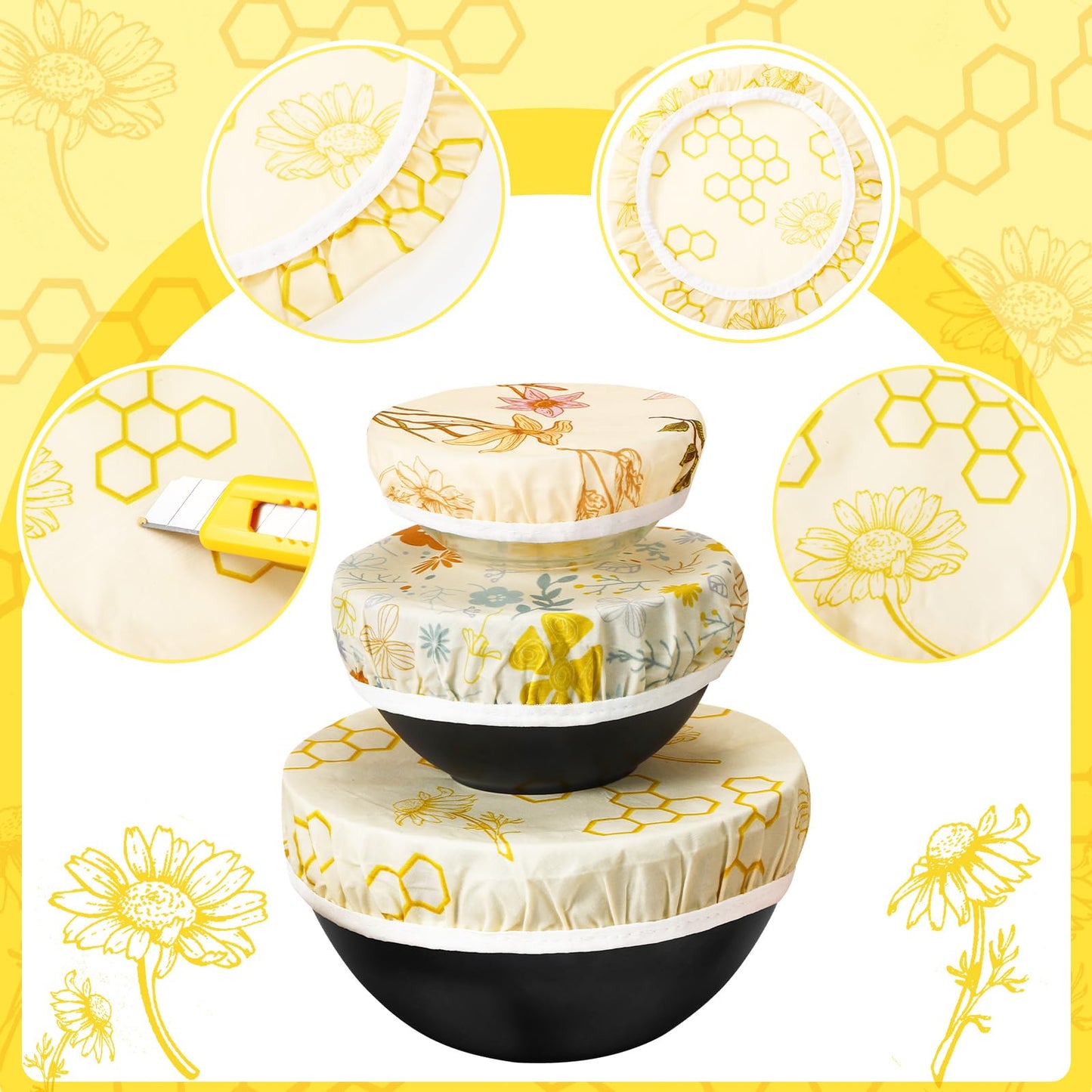 Yiyiring 6 Pcs Reusable Beeswax Bowl Covers for Bread Proofing 6/8/10 Inch Elastic Cotton Bowl Cover 3 Pattern Cloth Food Wrap Bread Proofing Cap for Mixer Container Baskets