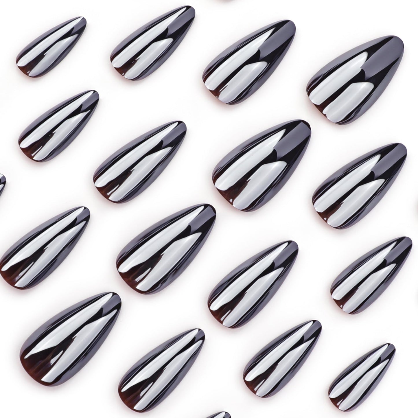 Black Press on Nails Almond - Medium Fake Nails with Chrome Design - Glossy Full Cover Stick on False Nails for Women 24 Pcs