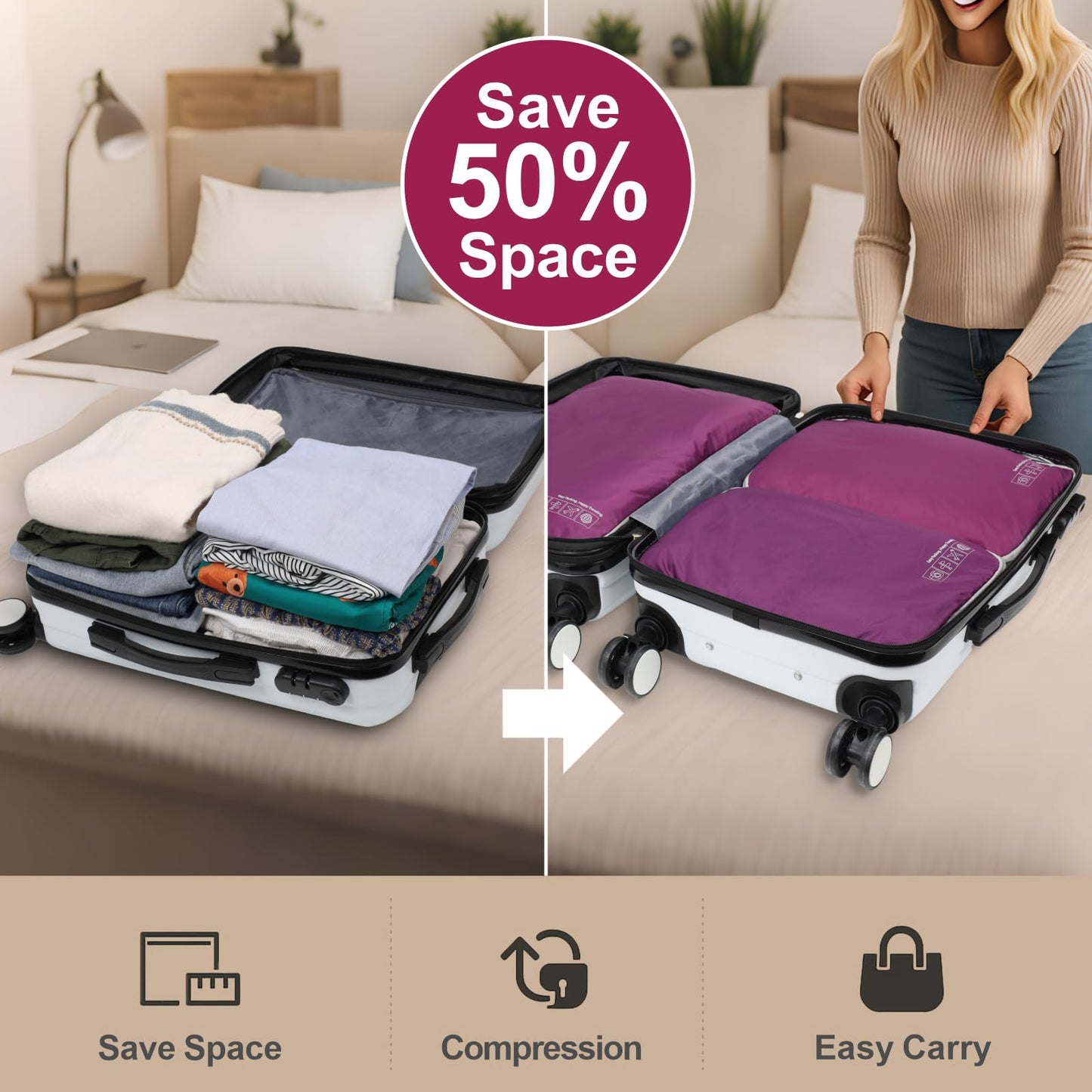 Cambond Compression Packing Cubes for Travel - 4 Pack Lightweight Expandable Luggage Packing Organizers Travel Essentials Accessories Bags Compression Cubes Space Saver for Carry on Suitcases, Purple
