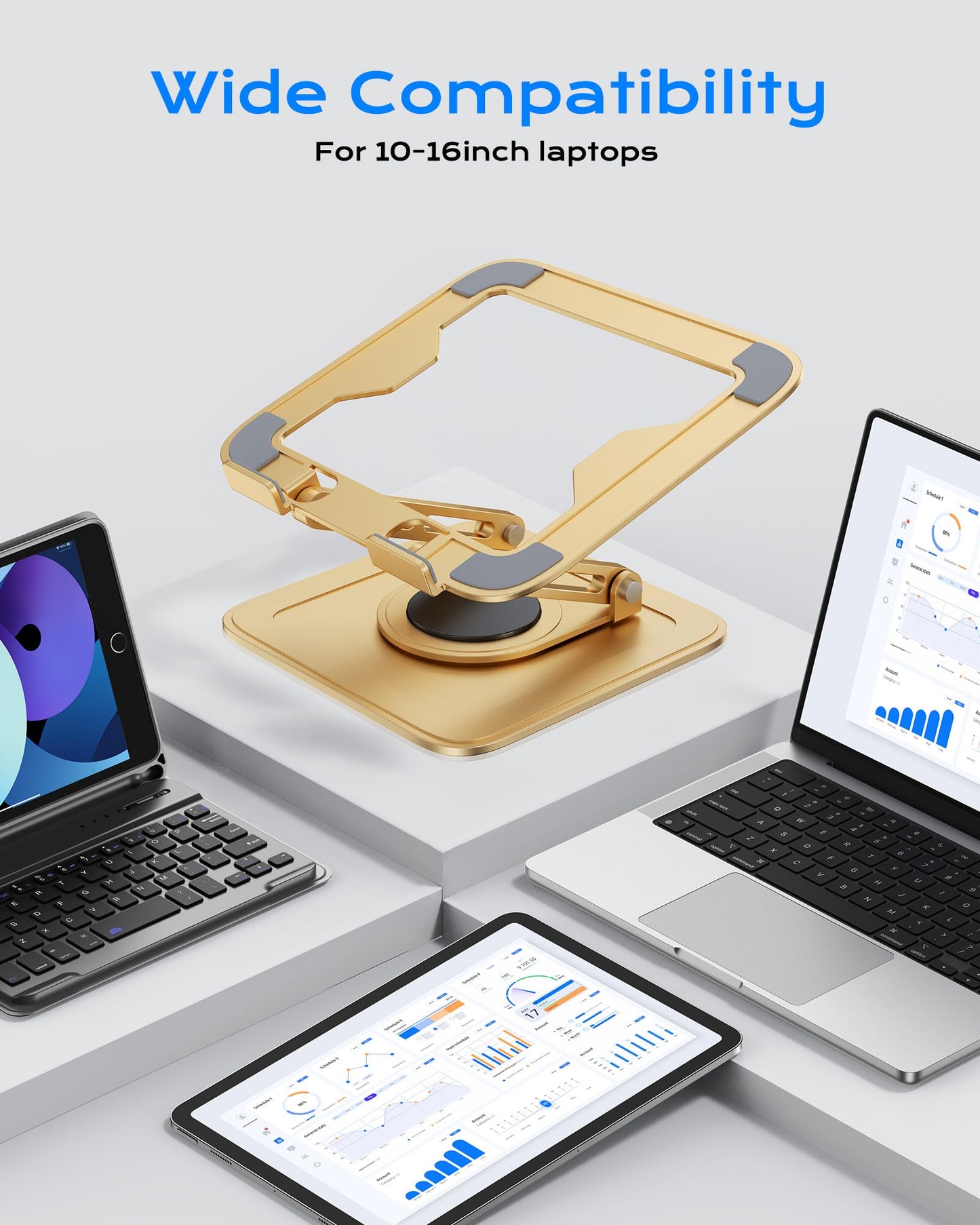 LOXP Adjustable Laptop Stand, Computer Stand with 360 Rotating Base, Ergonomic Laptop Riser Mount for Desk Foldable Protable Computer Desk Fits with MacBook Pro Air (10-16") - Gold