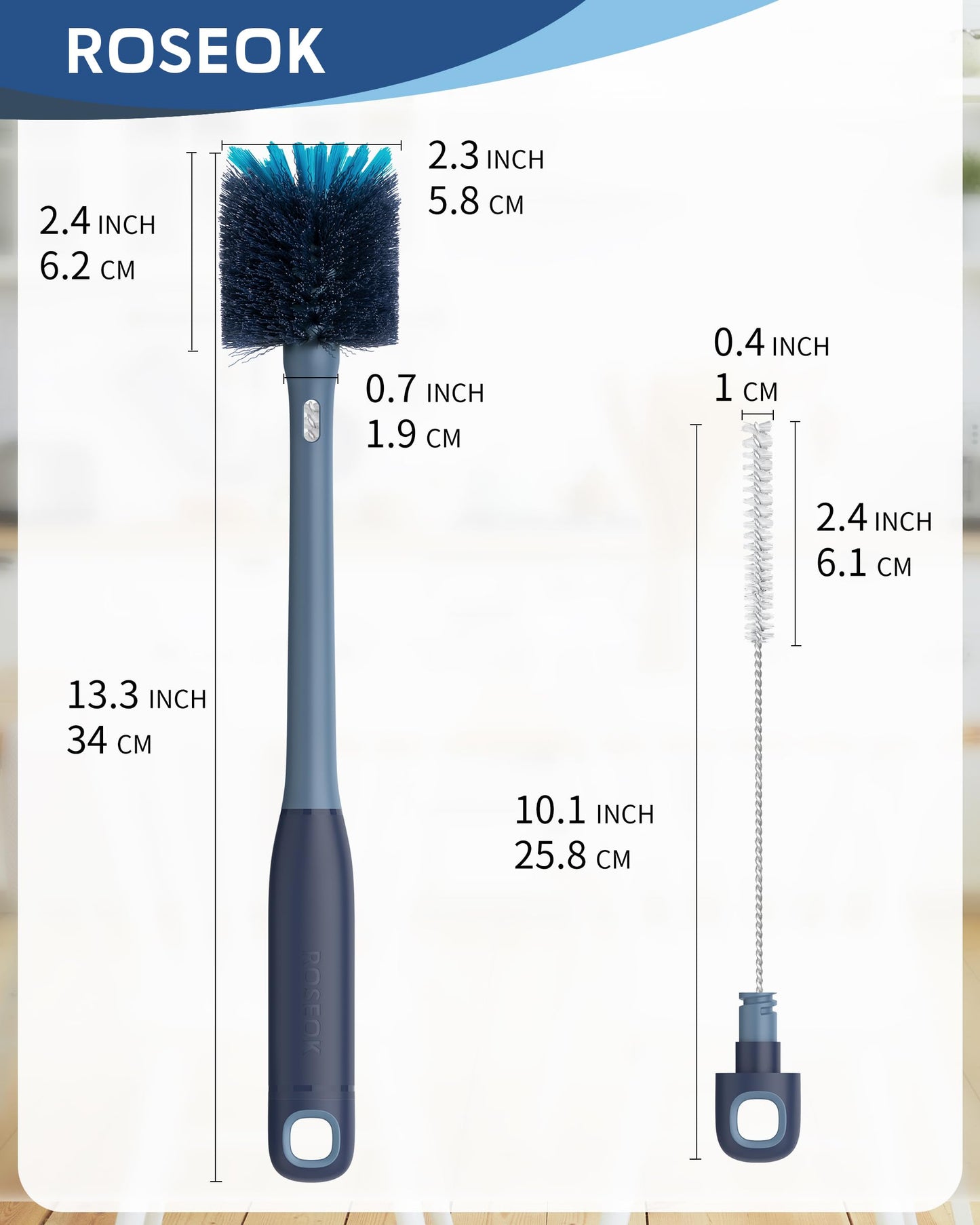 ROSEOK 2in1 Bottle Scrubbing Brush with Straw Brush has Long and Comfortable Handle, Cleaning Glass, Sports Bottle, Coffee Mug,1 Pack, Grayish Blue