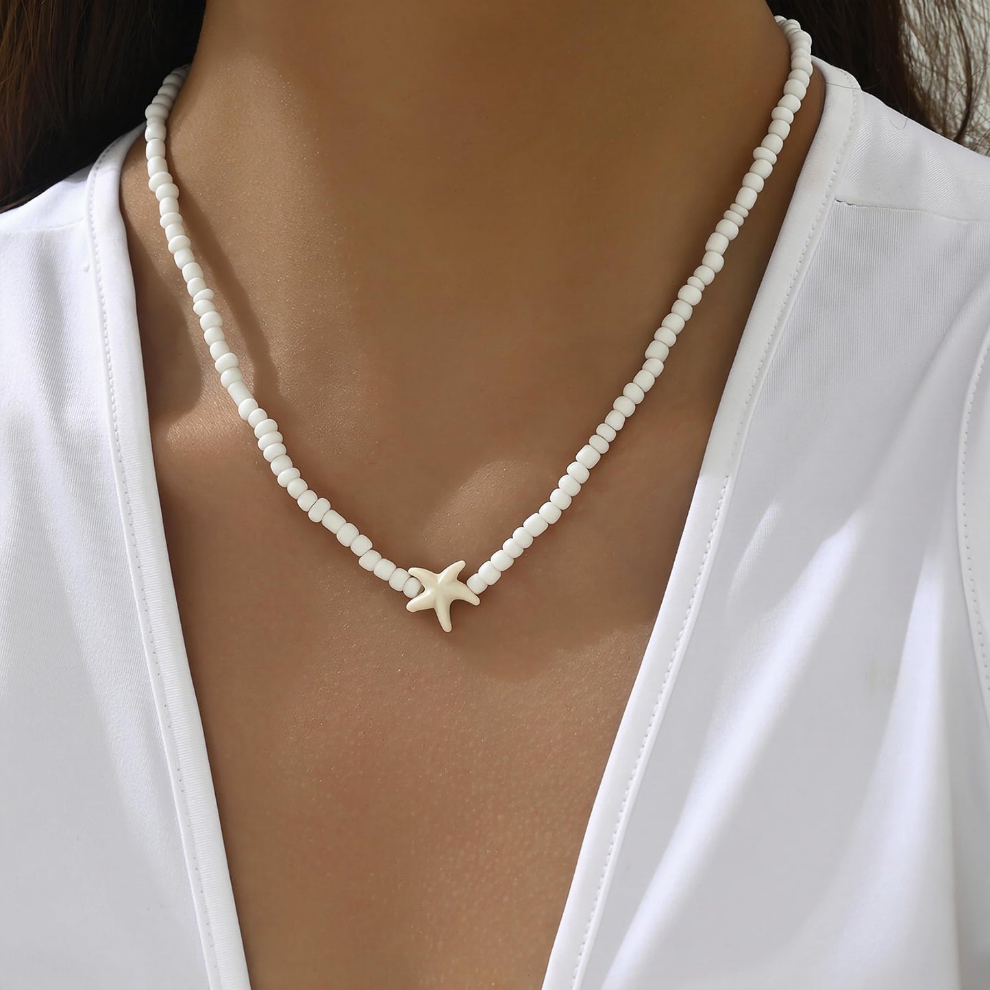 Nackiy Handmade Sea Shell Necklace Choker For Women Summer Adjustable Natural Shell Collar Necklace (Beige Starfish)