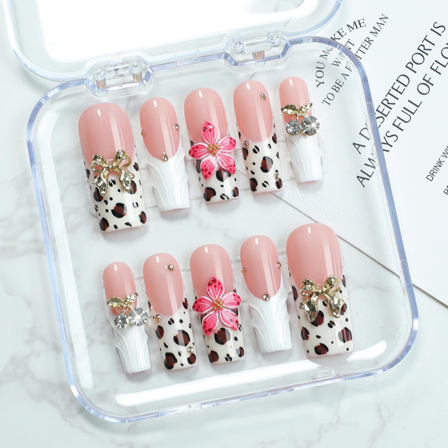 Handmade Press On Nails - White French Tip Press on Nails Long Square Fake Nails with 3D Flower and Rhinestones Bow Designs Long Acrylic Sparkly False Nails for Women Nails DIY 10Pcs(Size M)