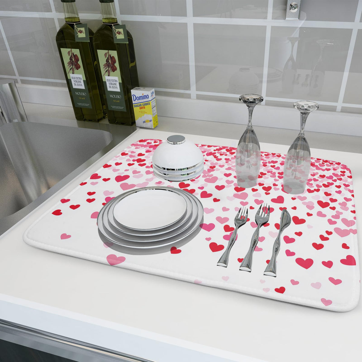 Valentine's Day Dish Drying Mat for Kitchen Counter Love Heart Kitchen Dish Drying Pad 16”x18” Absorbent Reversible Happy Valentine Dishes Drainer Pad Dish Drying Rack Mat for Countertop