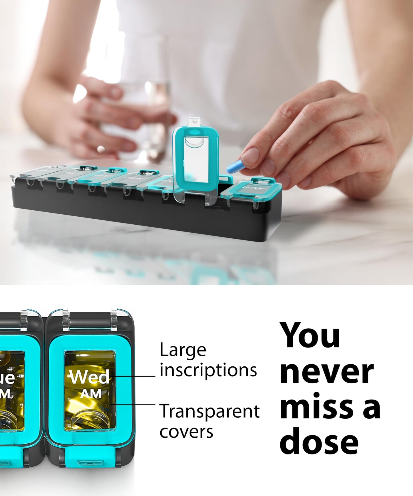Weekly Pill Organizer 1 time a Day – Pill Box 7 Day with Enhanced Waterproof Seal, Large compartments Hold Big Vitamins & Supplements, Upgraded Locking lids, for Home & Travel use, Durable Hard case
