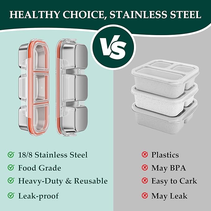 QCQHDU Snack Containers, Reusable Stainless Steel 3 Compartment Condiment Metal Bento Lunch Box with Lids, Divided Snack Food Storage Lunchable Containers for Home, Work, Travel, Camping, 3 Pack