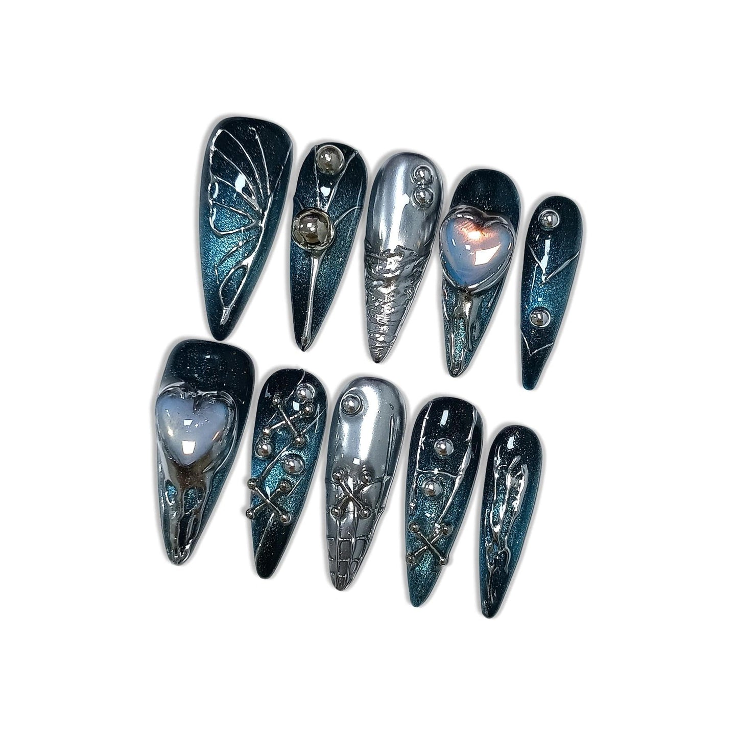 Hantyer Goth Press on Nails, Long Stiletto Glossy Nails in Black & Metallic Silver, Hand-Painted 3D Crosses & Butterflies with Blue Cat Eye, Celestial Style for Raves & Cosmic Parties (Size S)