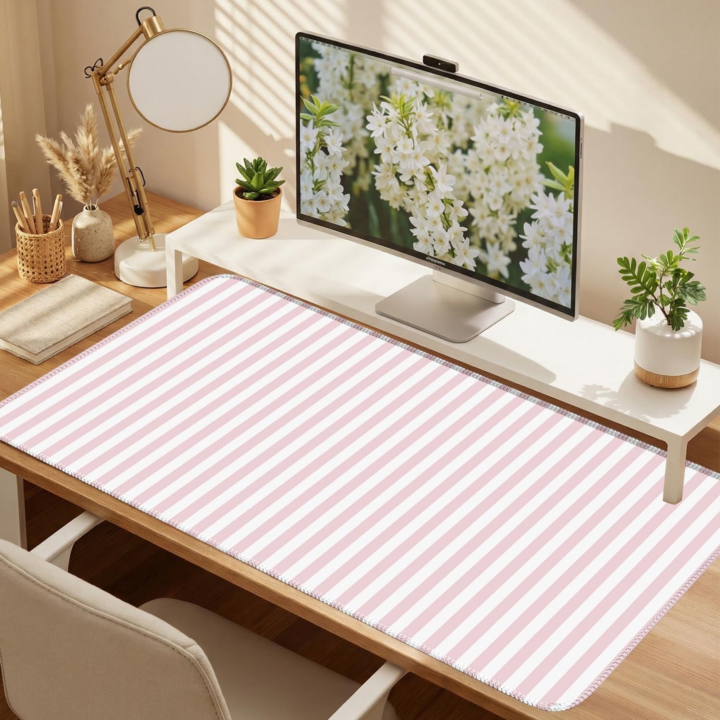 ohisxiacy Light Pink Striped Desk Mat Cute Pastel XXL Large Gaming Mouse Pad Desk Pad Kawaii Cozy Aesthetic Keyboard Laptop Computer Mat Home Office Decor for Women