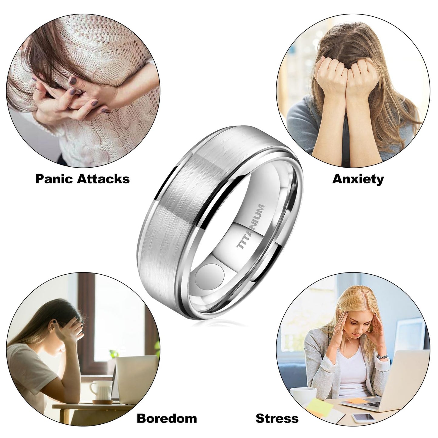 JEROOT 8mm Black Titanium Magnetic Ring for Men, 5mm Silver Pure Titanium Magnetic Ring for Women, Healing Ring with 3500 Gauss Magnets for Jewelry Gifts