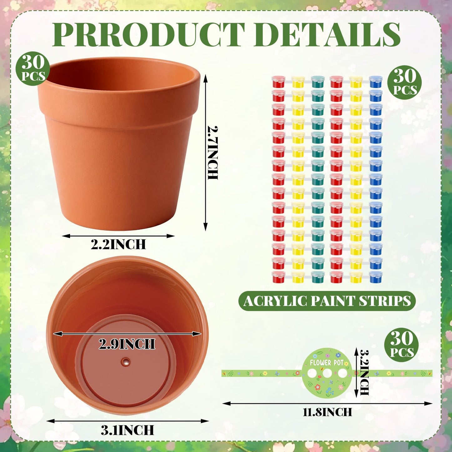 Ferrochef 30 Set Paintable Flower Pot with Drainage Craft Kit DIY Flower Plant Crafts with Paint Flowerpot Lid for Spring Summer Gardening Art Project Classroom Party Activities