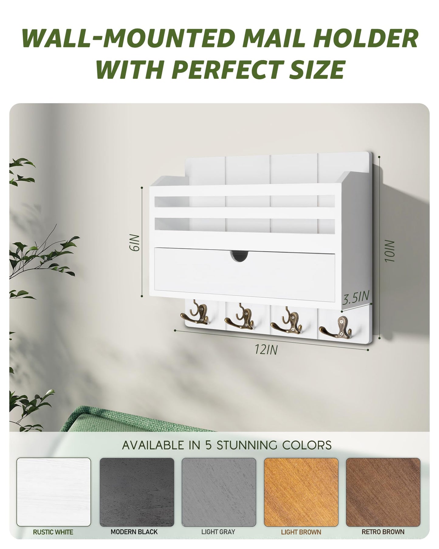 Rebee Vision Decorative Mail Organizer Wall Mount - Modern Key and Mail Holder for Wall with Drawer Organizer and 7 Key Hooks - Wall Decor Living Room for Apartment Essentials (White)