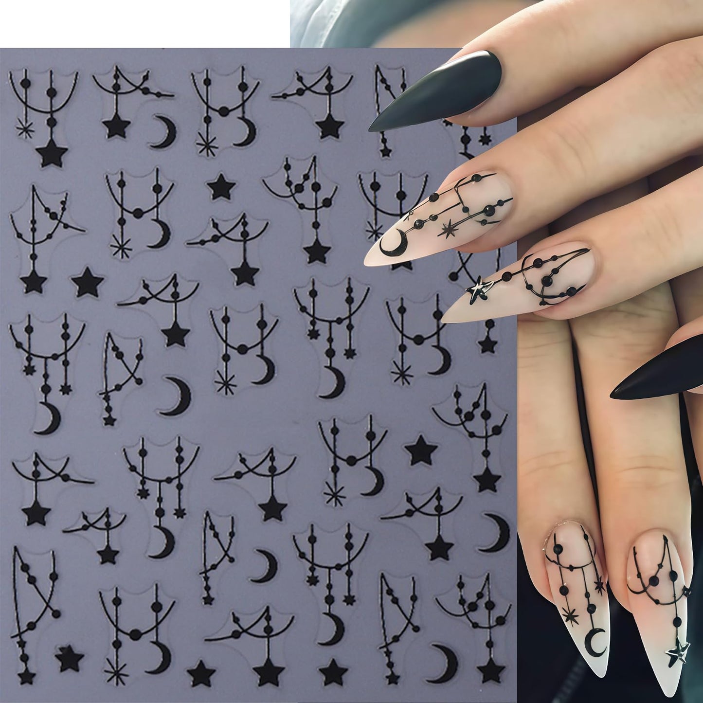 6Sheets Black Silver Line Nail Art Stickers 3D Self-Adhesive Stars Moon Nail Design Decals Y2K Style Nails Supplies Retro Line Moon Star Manicure Accessories for Women Acrylic Nails Salon Decorations