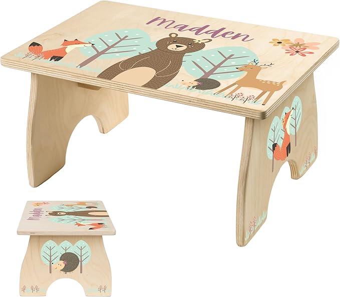 Step Stool for Toddlers- Personalized Wood Kids Step Stool with Name for Kitchen Sink, Bathroom, Potty Training, Toilet, Kitchen Sink- Sturdy and Safe- Made in USA by BloomOwl (Woodland- Girl)