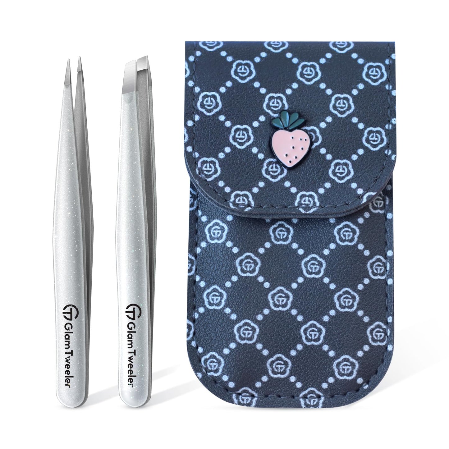 Expert Slant and Point Tip Tweezer Set with Exclusive Storage & Carrying Case, GlamTweeler Sharp & Precision Tweezer Set for Eyebrows, Facial Hairs and Fine Hairs Removal (Sparkle Silver)