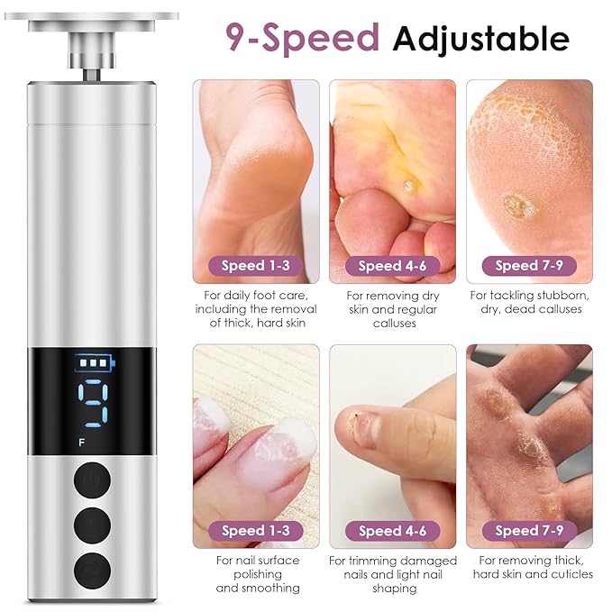 COSCOSY Electric Callus Remover for Feet, Professional 9-Speed Adjustable Foot File Rechargeable Portable 2-in-1 Dead Skin Exfoliator & Nail Grinder Kit Lightweight for Home Pedicure (Silver)