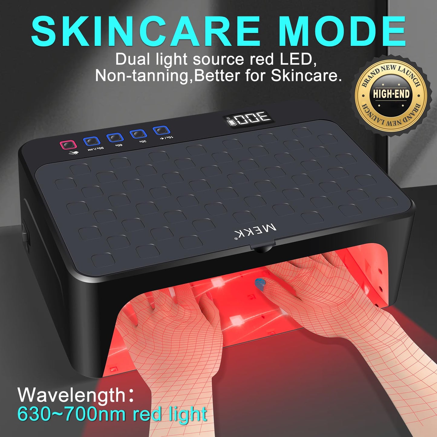 MEKK Professional UV LED Nail Lamp - Luxury Cordless UV Light for Gel Nails with Red Light Skincare,4+2 Timer Modes,Two-Hand Design, Nail Lamp for Salon & Home-Black