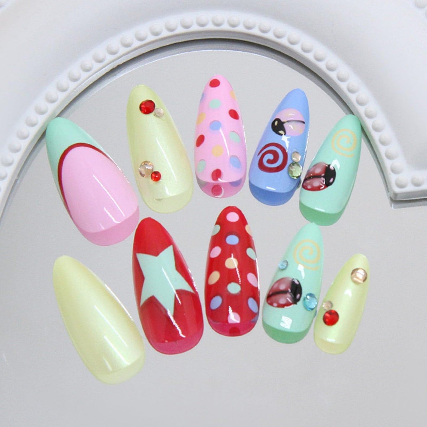 IMRAIN Press on Nails Medium Almond Fake Nails Colorful Acrylic Nail Kit - Polka Dot, Ladybug, Star Designs | Artificial Glossy Glue on False Nails Cute DIY Nail Art