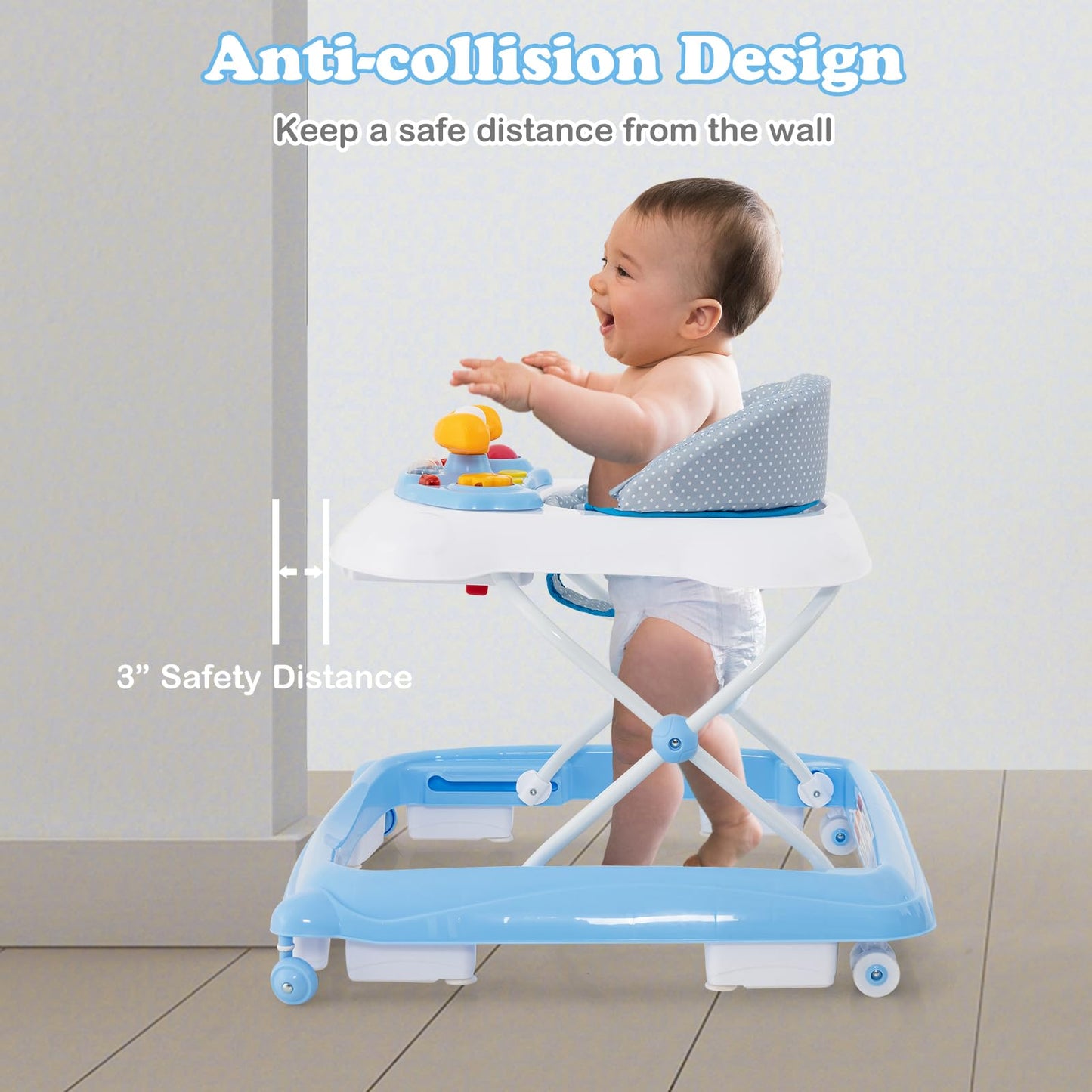 INFANS Foldable Baby Walker, 3 in 1 Toddler Walker Leaning-Seated Walk-Behind with Removable Music Tray, Adjustable Height, Washable Seat Cushion for Boys and Girls (Wave Point)