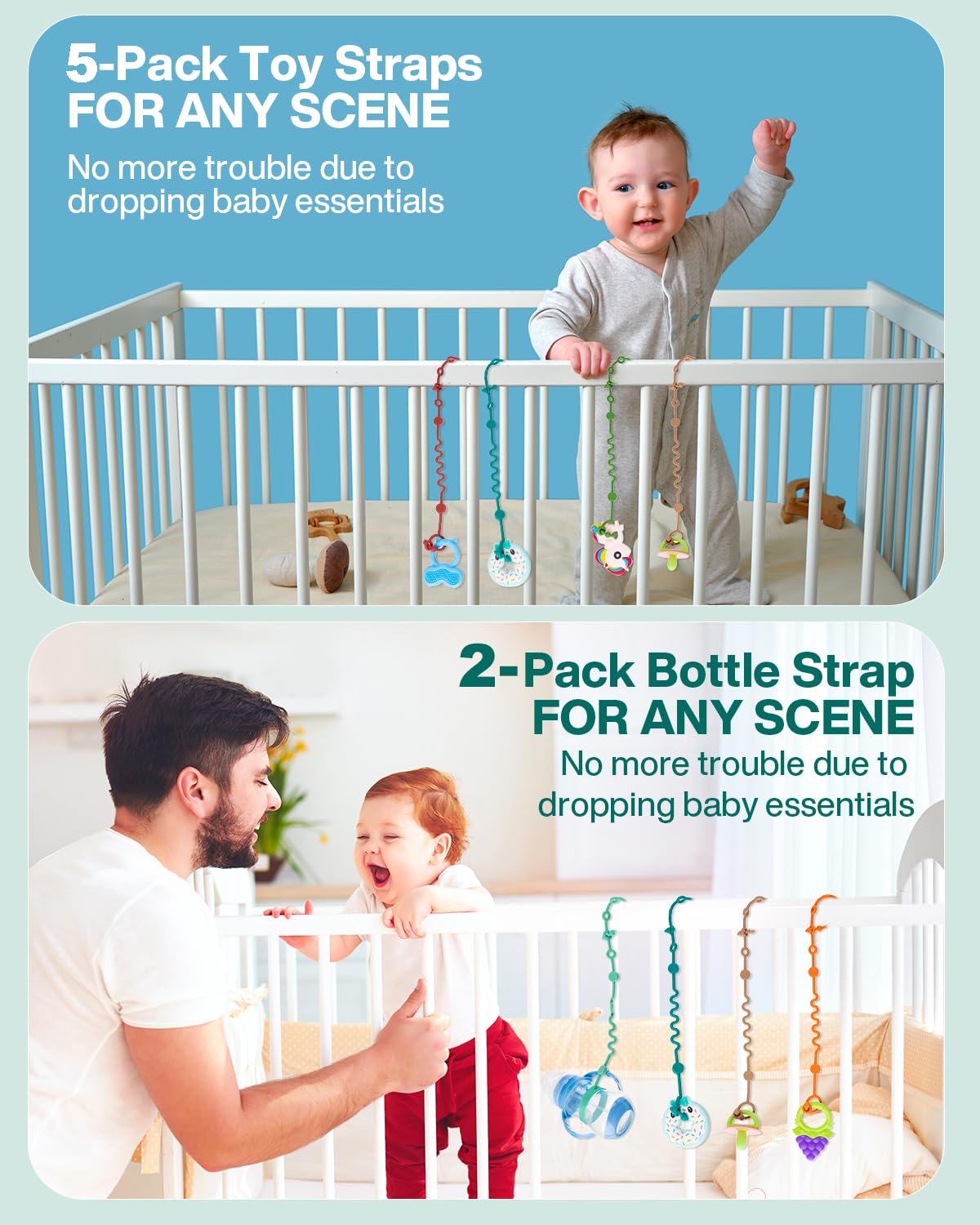 LittleHugs Toy Straps for Baby, Adjustable Toy Holder for Stroller Accessories, Silicone Baby Tether Pacifier Clip, No Throw Baby Travel Essential Leash for High Chair, Car Seat (7- Pack)