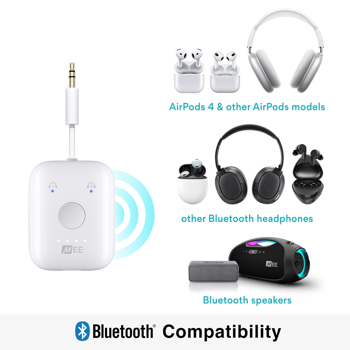 MEE audio Connect Air in-Flight Bluetooth Wireless Audio Transmitter Adapter for up to 2 AirPods / Other Headphones; Works with All 3.5mm Aux Jacks on Airplanes, Gym Equipment, TVs, & Gaming Consoles