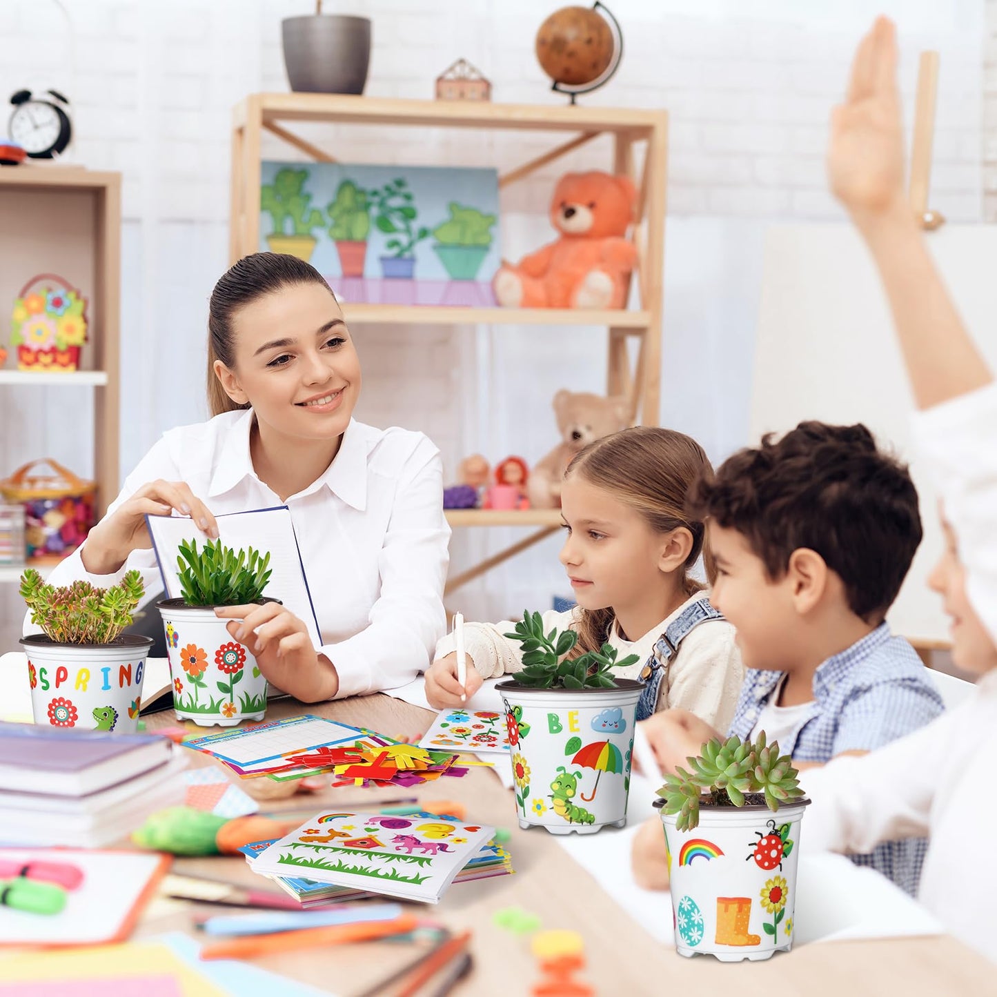 Capoda 24 Sets Garden Flower Pots Crafts Kit DIY Spring Plastic Seedling Nursery Pots with Stickers Plant Labels Growth Charts Planting Growing Tools Classroom Activities Project Gifts (Round)