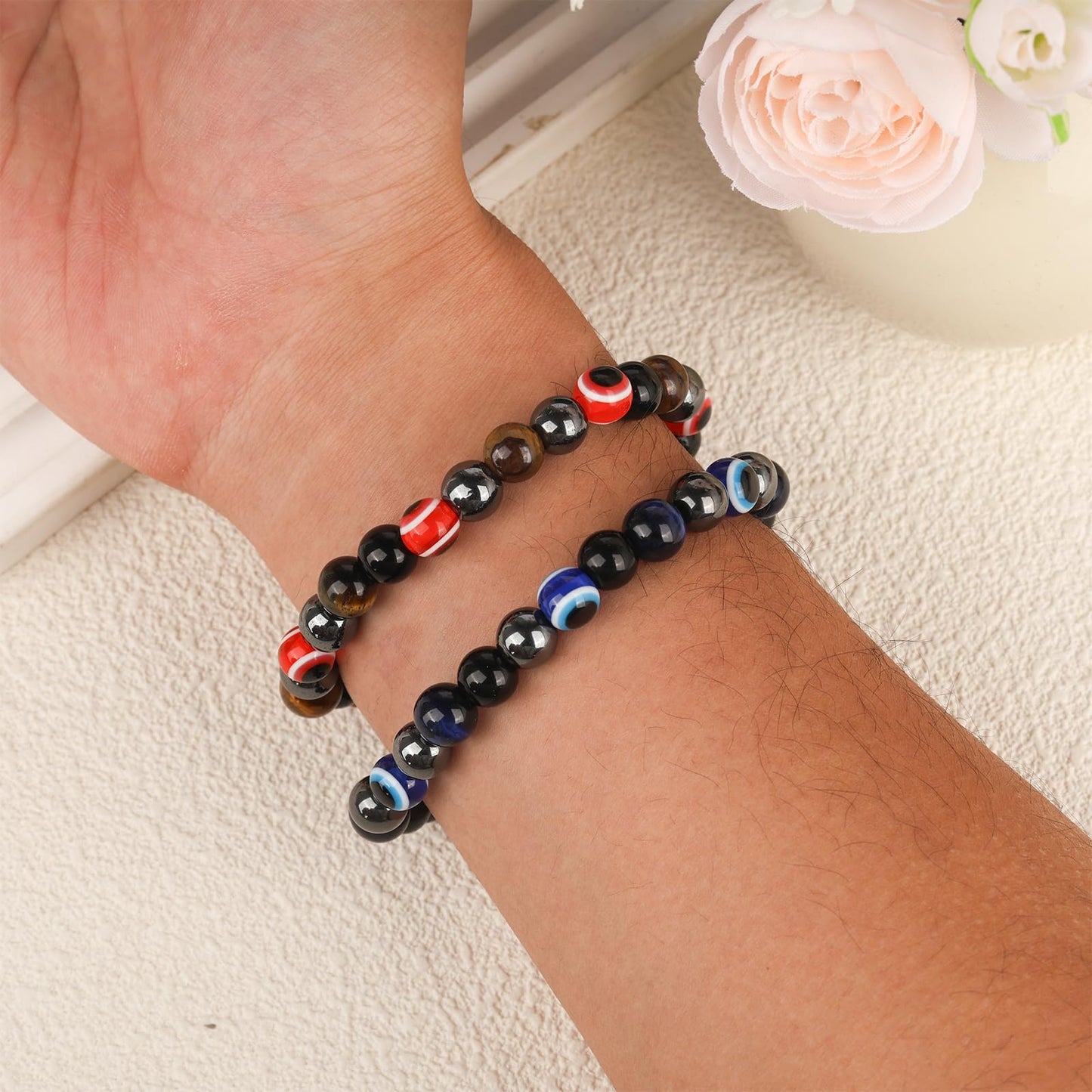 ZICRMIYA Evil Eye Bracelets for Men Women,8mm Evil Eye Beads Black Obsidian Hematite Tiger Eye Bracelets Protection Bracelet Healing Bracelet Bring Luck and Prosperity Happiness