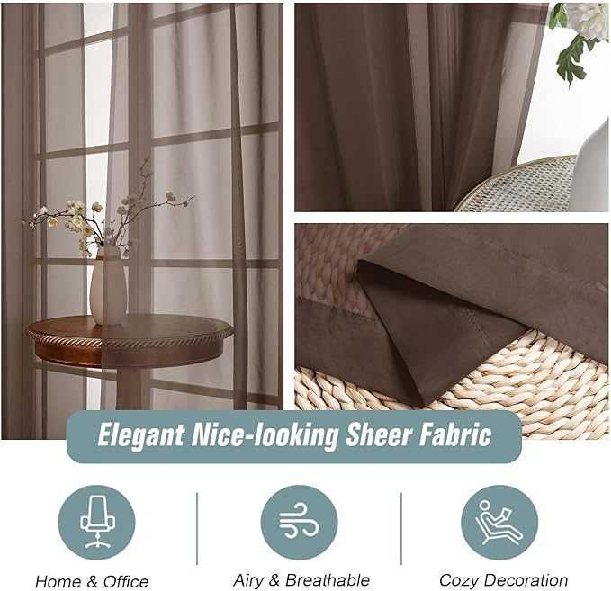 Chocolate Sheer Curtains 90 Inches Long 2 Panels, Light Filtering Solid Sheer Curtains for Bedroom Living Room, Lightweight Window Voile Sheer Drapes, Dual Rod Pocket, 2x42Wx90L Inches