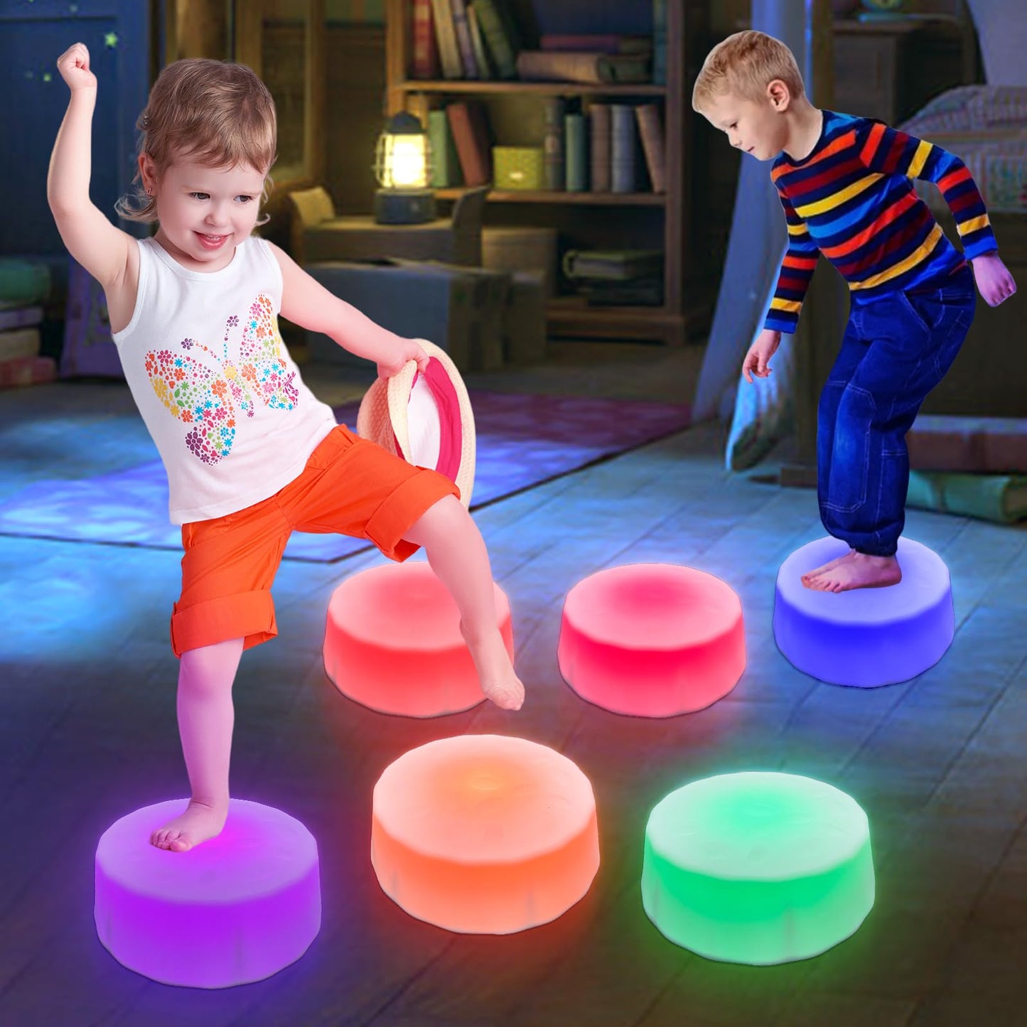 Onyoloy Kids Light Up Stepping Stones - 6 Non-Slip Stepping Stones, Each with 7 LED Light Colors, Indoor Obstacle Training Balance Stepping Stone Toys for Kids Ages 3 and Up.