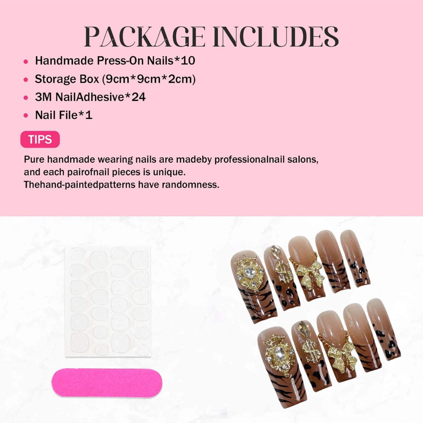 Handmade Press on Nails Long,Xl Square Fake Nails French Tip Leopard False Nails with Glue Charms Bow Design Acrylic Nails Press Ons Sparkly Full Cover Stick on Nail fo Women 10Pcs(Size M)