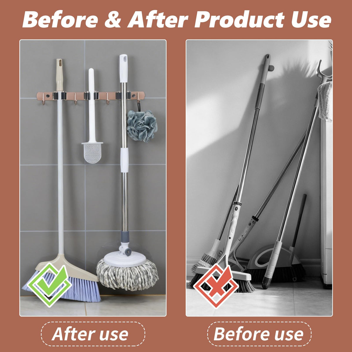 3 Racks and 4 Heavy Duty Hooks Mop and Broom Holder Wall Mount