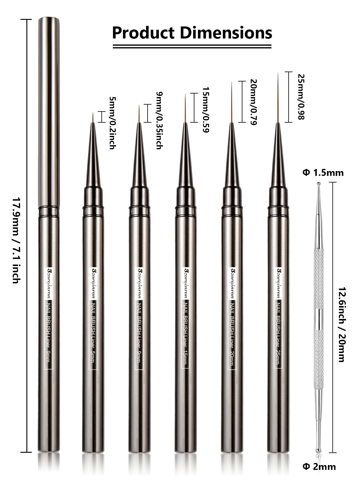 Nail Liner Brush, Fine Line Nail art Brushes 5/9/15/20/25mm Thin Line Nail Brushes Detail Drawing, Liner Brush for Nails Gel with PP Storage Box