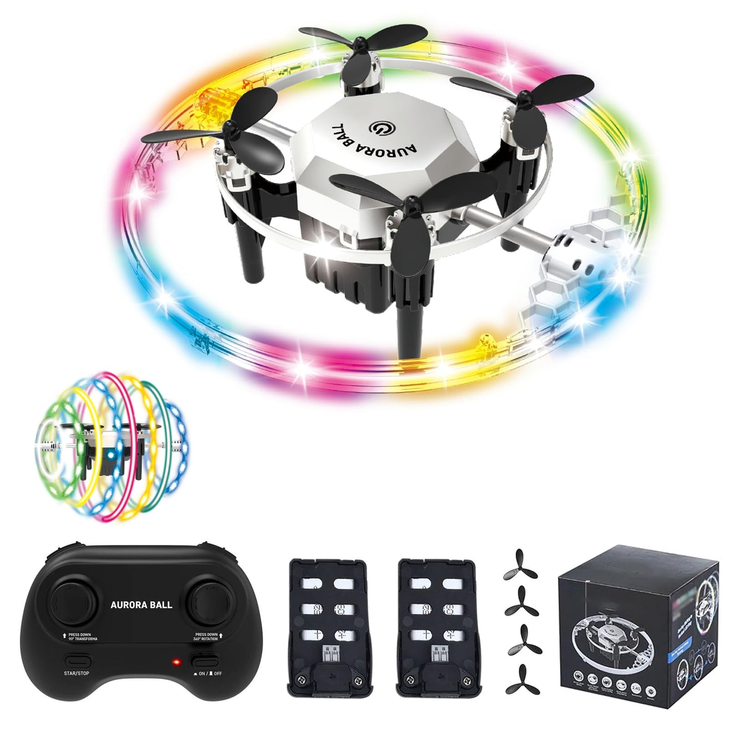 Kodbiby RC Drone, 2-in-1 RC Drone Aurora Ball with RGB Gradient Lighting, 360° Rotation, Air Pressure Setting, Speed Witching, Modular Battery, One Key Funtion Aurora Ball Toys