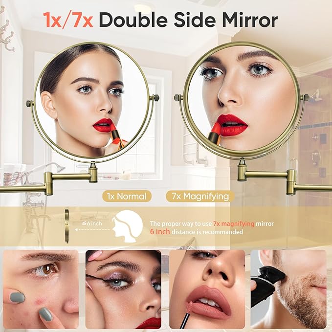 GURUN 8-Inch Double-Sided Wall Mount Makeup Mirror Antique Satin Brass with 7X Magnification Bathroom Mirror for Hotel Antique Satin Brass M1406K(8in,7X)